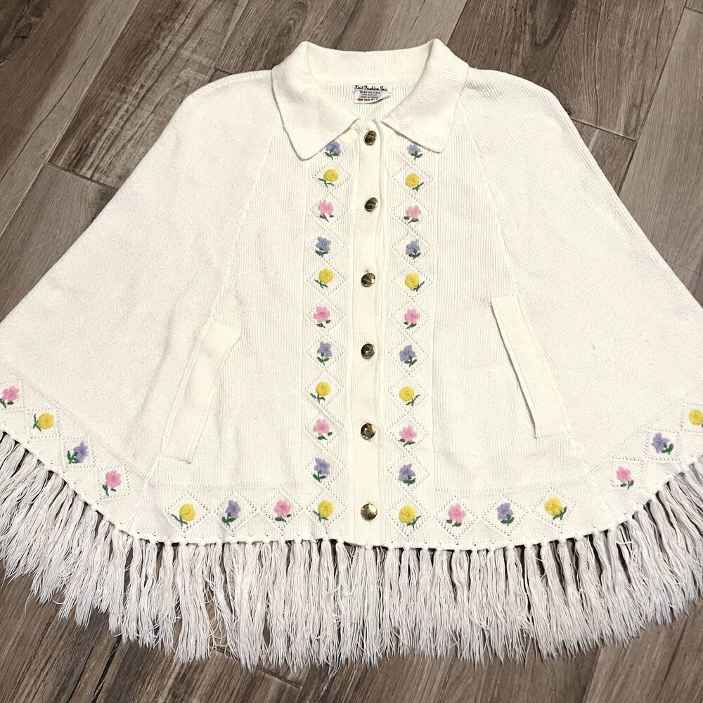Knit Fabric Inc Womens Vintage Sweater Cape Tassels Cottagecore One Size